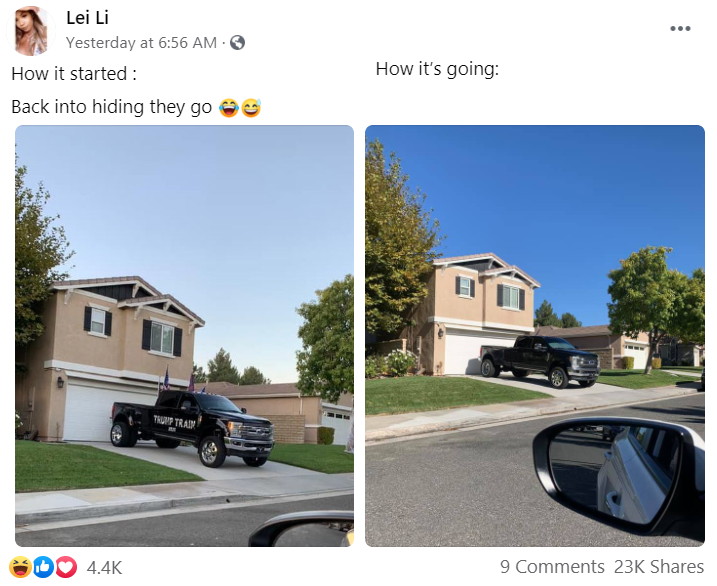 Image contains a screenshot of a Facebook post featuring two pictures side by side: a picture of a large truck decked out in Trump gear and American flags in the left photo; in the right photo the same truck at the same house now has the flags and Trump stickers removed. In the text above the left image, it says "How it started" and over the right image "How it's going". The Facebook user has also added the caption "Back into hiding they go" with two laughing emojis.